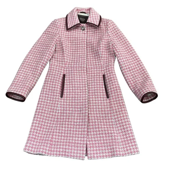 Coach Leatherware Pink Houndstooth Wool & Leather Trim Coat Size Large - Picture 15 of 15